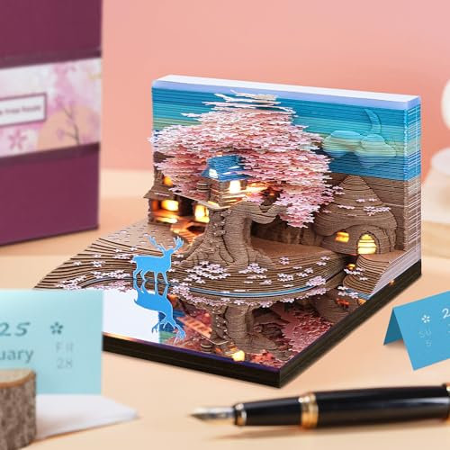 3D Kalender 2025 Memo Pad Time Piece Kalender Elch Sakura Baum Haus Papier Kunst Notizblock Schnitzen Geschenk Schreibtisch Dekor, Kunst Schreibtisch Kalender DIY Notizen mit LED Lichtern / Ständer,
