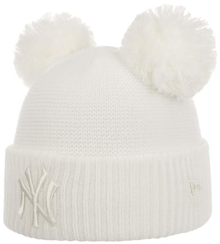 New Era Double Pom NY Yankees Beanie Strickmütze Bommelmütze Damenmütze Damen - mit Umschlag Herbst-Winter Winter - One Size weiß