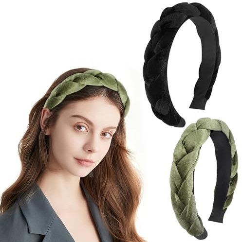 2 Stück Haarreif Dirndl, Geflochtene Stirnbänder für Damen Samt Haarreifen, Farerkass Geflochten Stirnband Breit Haarband, Oktoberfest Haarreif, für Damen und Mädchen (Schwarz, Grün)