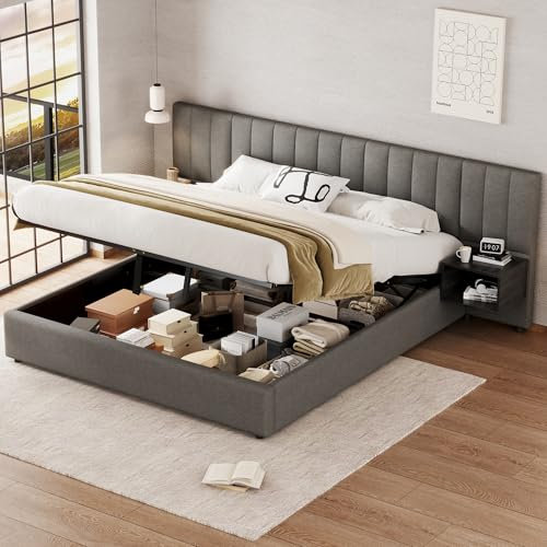 Aoskem Polsterbett Bett 180x200 cm Doppelbett mit Stauraum, Extrabreiter Kopfteil mit 2 Nachttischen, Stauraumbett Bettgestell mit Lattenrost, Jugendbett Rückenlehne Bett, Ohne Matratze, Leinen Grau