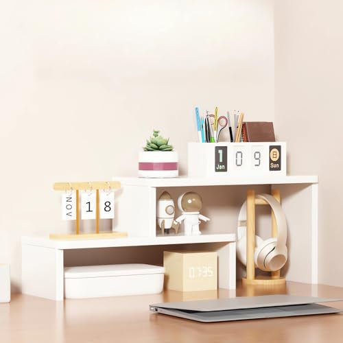 AUSHOPLAH Schreibtisch-Organizer-Regal, 2-stufiges Holz-Bücherregal, Minimalistisch, E68 (weiß, 60X12X24CM)