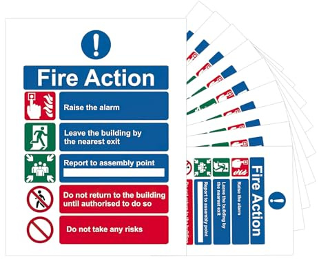 Gments 10 Pack Fire Action Notice Signs Safety Vinyl Sticker 150x200mm | Waterproof Fire Safety Signs for Office and Outdoor Assembly Point, Self Adhesive Backing Ensures Easy Tool Free Installation