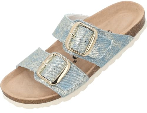 Palado Pantoletten Damen Samos GS Jeans – elegante Sandalen Made in Spain - bequeme Hausschuhe mit Kork-Fußbett - modische Sommerschuhe