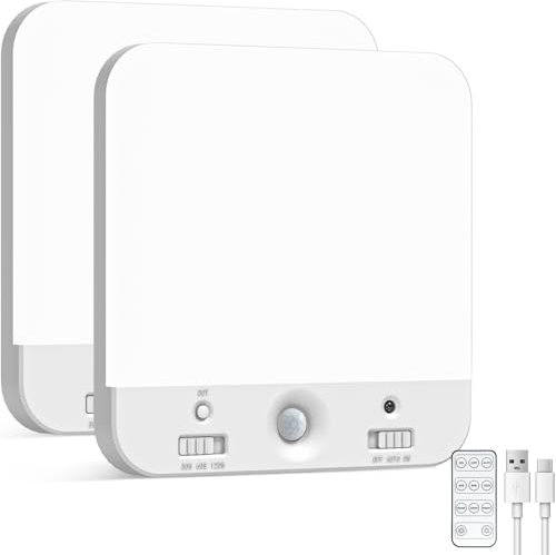 Peasur Akku Lampe mit Bewegungsmelder Innen, 2 Stücke 16cm 3000K/4000K/6500K Kabellos LED Deckenleuchte Dimmbar mit Fernbedienung Batterie Wiederaufladbar für Treppe Abstellraum Keller Flur