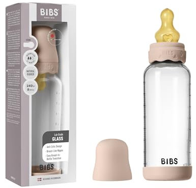 BIBS Boheme Baby Glass Bottle 240ml, Vermindert Koliken, Runder Sauger aus Naturkautschuklatex, Unterstützt das Stillen. Hergestellt in Dänemark - Blush