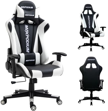 MaxPodium Skilled Gaming Stuhl - Gamer Sessel Racing, Ergonomischer Bürostuhl, Stahl Struktur, Nacken und Lendenkissen, 180° Neigung, Wippfunktion, Synthetisches PVC, 150kg Belastbarkeit Schwarz Weiß