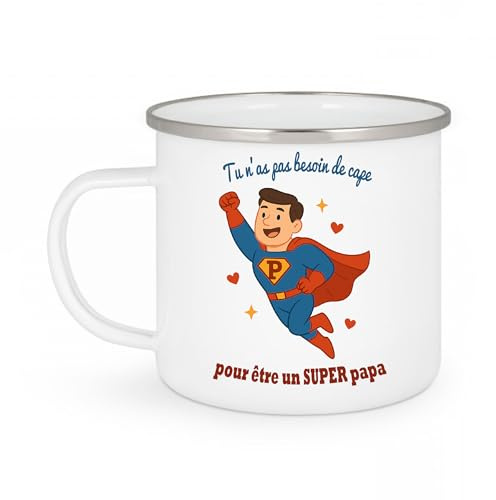 Mug émaillé Super Papa – Cadeau Fête des Pères – Tasse Papa Héros avec Cape – Idée Cadeau Originale pour Papa – Mug Léger et Résistant