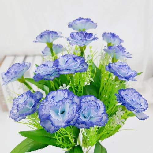 AQCQDQ 4 Stück Kunstblumen Wie Echt, Künstliche Nelken, 40 cm Seidenblumen mit 7 Köpfe für Muttertag Hochzeit Home Decoration (Blau)