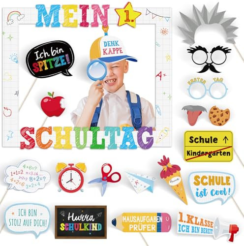 BETESSIN Fotobox Accessoires Einschulung - Mein 1. Schultag Fotorahmen und 20 Einschulung Foto Requisiten - Schuleinführung Deko - Schulanfang Photo Booth für Einschulung Mädchen und Jungen