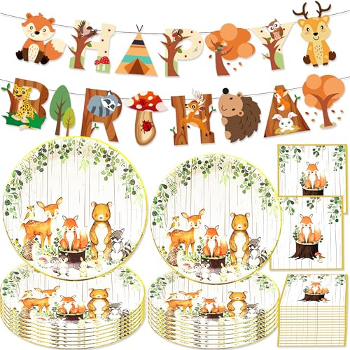 BACH AND BOOZY vajilla de fiesta safari animales del bosque banderin cumpleaños platos de papel vasos desechables servilletas para celebracion infantil