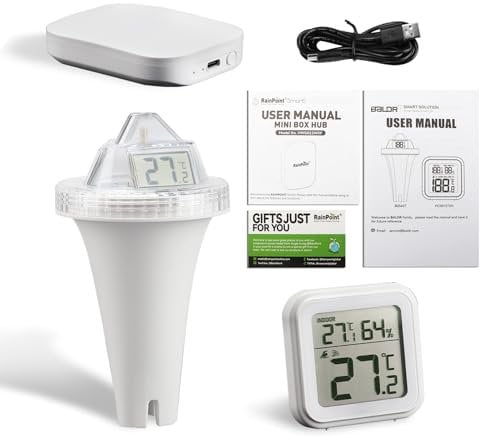 Kit combiné thermomètre de piscine Wi-Fi avec hub WiFi Gateway Hub, flottant IPX7, thermomètre de piscine avec surveillance à distance par application et grand écran numérique, alarme, blanc