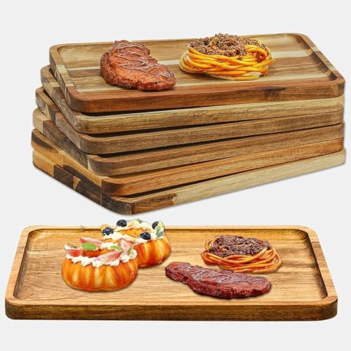6 Pcs Rectangular Acacia Wood Serving Tray, 30 x 20 cm Large Wooden Serving Platters, Natural Wood Cheese Charcuterie Boards for Display Food, Cookie, Dessert, Fruit, Snack, Vegetable