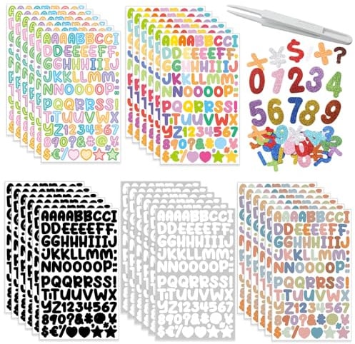 30 Blätter Selbstklebende Buchstaben mit 1 Pinzette für DIY Grußkarte | 2700 Stück Vinyl Klebebuchstaben, 36 Stück Moosgummi Zahlen Glitter, Wetterfest Alphabet Nummern Aufkleber