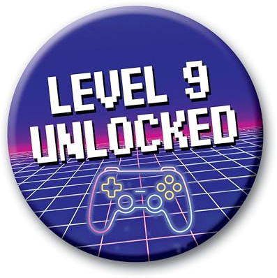9th Birthday Badge – 76mm Level 9 Unlocked Pin Badge Button Video Game Birthday Gift for Boys