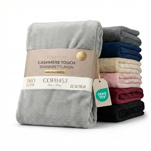 COFI1453 Teddy-Plüsch Spannbettlaken, Extra Dickes Winter Bettlaken (180 GSM), Edler Cashmere-Touch, rutschfest & Oeko-Tex, Für Boxspring & Topper (30-40cm Steg) (Grau, 120-130 x 200 cm)