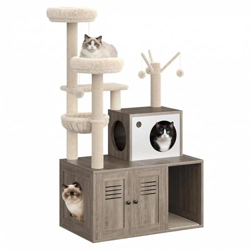 Cat Tree Tower with Litter Box Enclosure, 4-in-1 Cat Furniture Hidden Kitty Washroom Wooden Kitten House w/Condo, Scratching Posts, Teaser Sticks, Perch Platform,80L x 48W x 141H cm, Grey