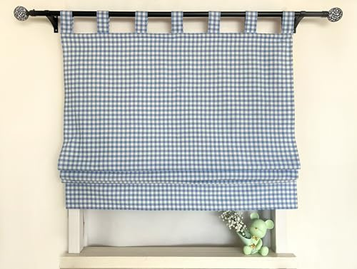 Daliena Raffrollo Kariert Raffgardine mit Schlaufen BxH 50x140cm Blau | Karomuster Küchenvorhang Landhausstil, Gardine Kurz Fenster, Blickdicht Vorhänge Wohnzimmer Rollos für Fenster 1 Stück