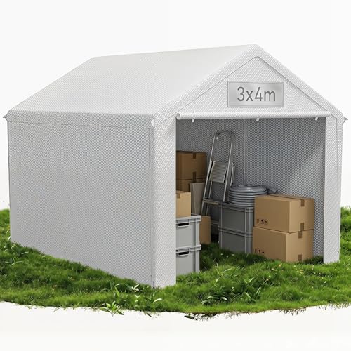 QEENTOE Lagerzelt 3x4 m Wasserdicht Reißfest, Stabiler Industriezelt Garagenzelt mit geschlossenen Wänden, Robuste PVC & PE-Plane für Lagerung Auto und Außenbereich Weiß