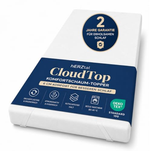 hERZtal CloudTop Komfortschaum-Topper 6 cm – Matratzentopper mit Hybrid-Komfortschaum, atmungsaktivem & waschbarem Bezug, Oeko-TEX® Standard 100, 4 elastische Eckbänder, druckentlastend (90x200)