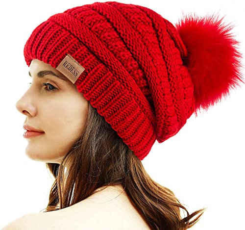 REDESS Damen Winter Pom Pom Beanie Mütze mit warmem Fleece gefüttert, Dicker Slouchy Snow Knit Chunky Baggy Skull Ski Cap