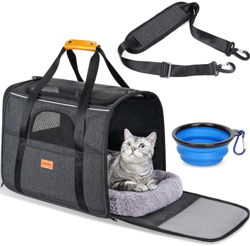 Morpilot Pet Carrier Bag, Portable Cat Carrier Bag Top Opening, Removable Mat and Breathable Mesh, Foldable Cat Carrier Transport Bag for Dogs and Cats, with Shoulder Strap and Pet Bowl, Black