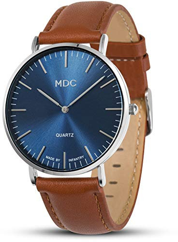 Infantry MDC Minimalistische ultradünne Herren-Armbanduhr, analog, Quarz-Armbanduhr, für Herren, lässig, Business, mit Echtlederarmband, Blau/Silber, Armband