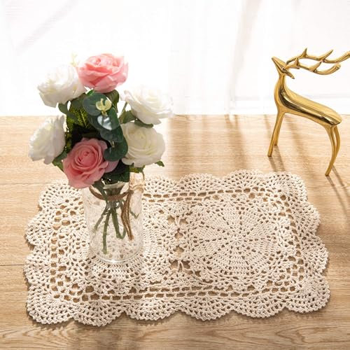 Eiyye Handgefertigte rechteckige Deckchen, 2-teilig, handgefertigt, gehäkelt, Baumwolle, Spitzen-Tischsets, Untersetzer, 26,9 x 42,9 cm, Beige