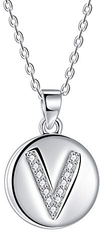 J.Endéar Buchstabe Kette 925 Sterling Silber Brief Initial V Disc Anhänger Halskette für Frauen Freundschaft 40 + 5cm einstellbar