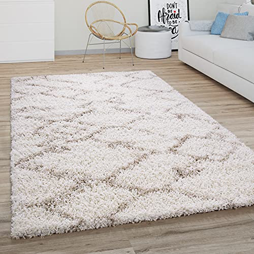 Paco Home Hochflor Teppich Wohnzimmer Schlafzimmer Boho Skandinavisch Shaggy Modern Rautenmuster, Grösse:200 cm Rund, Farbe:Creme Beige