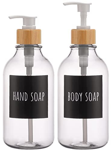 Segbeauty Distributeur de Savon, 2 pièces 500 ML Distributeur avec Pompe en Bambou, Bouteille de Savon Rechargeable en Plastique pour Shampooing, Lotion, pour Cuisine, Salle de Bain, Transparent