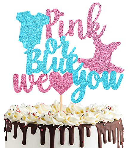 SYKYCTCY 1 Pack Pink or Blue We Love You Cake Topper Footprint Gender Reveal Cake Decoration for Baby Shower Theme Boy or Girl Gender Reveal Party Decoration Supplies