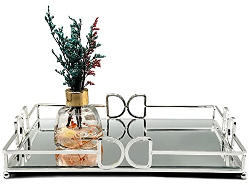 HAIGOUER Decorative Tray, Bright Silver, Modern Premium Feeling Perfume Tray, Luxury Rust-Proof Glass Tray for Bathroom, Dresser, Bedroom