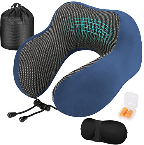 Eono Nackenkissen, Nackenhörnchen Memory Foam, Ergonomisch Gestaltetes Reisekissen, Nackenkissen Reise mit Schlafmaske, Ohrstöpsel, Tasche Ideal für Reisen, Flugzeug, Büro