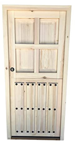 PUERTA RÚSTICA DE ENTRADA CON VENTANA 4V DE MADERA MACIZA (HOJA PARTIDA, APERTURA IZQUIERDAS)