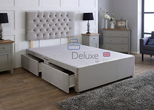 Comfy Deluxe LTD Plush Velvet Divan Bed Base with Chesterfield Headboard (No Mattress) (Silver, 5FT - 4 Drawers)