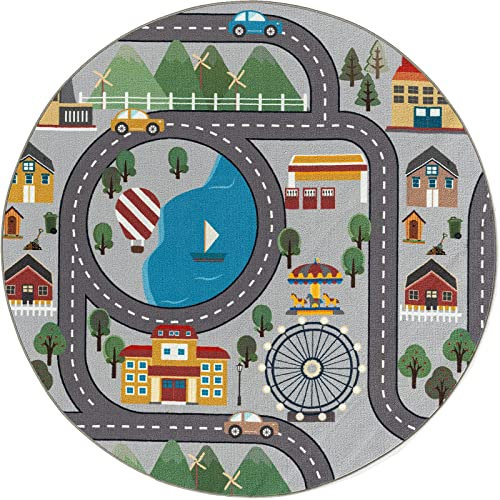the carpet Happy Life Kinderzimmer, Kinderteppich, Spielteppich, Straßenteppich, Straße, Stadt, Auto, Grau, 160 cm Rund