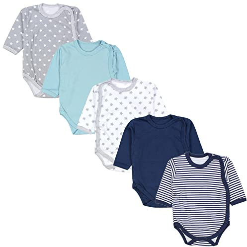 TupTam Wickelbody Langarm Baby Body im 5er Set – Weicher Body Baby aus Baumwolle für Mädchen & Jungen, Farbe: Streifen Dunkelblau Sterne Grau Grün, Größe: 74