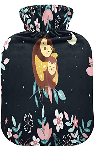 Mnsruu Cartoon Owl Flower Floral Moon Night Hot Water Bottle with Velvet Cover, 1L Transparent Hot Water Bag for Hand Pain Relief Hot Cold Therapy Cramps