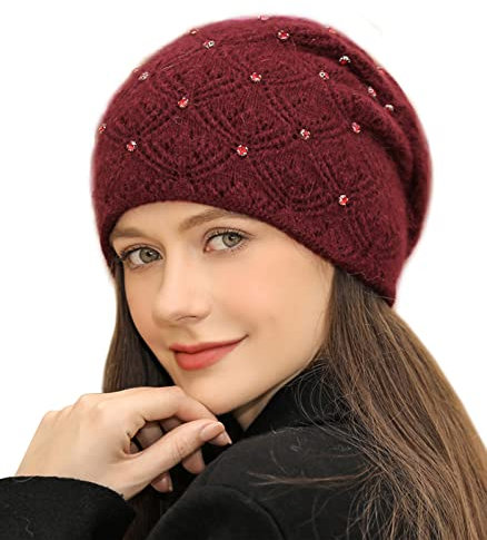 Adigaber Damen Beanie Mütze Warme Wintermütze doppelt Gestrickt Slouch Long Strickmütze mit edler Nieten Applikation Einheitsgröße