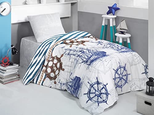 ZIRVEHOME Kinder Bettwäsche 135x200 cm, 100% Baumwolle, Mit Reißverschluss (Marine, 135 x 200 cm) Segelschiff und Anker Design