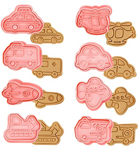 8 Piezas Moldes Galletas Coche, Cortadores Galletas 3D Infantiles, Plástico Molde Galletas Reutilizable Cortadores de Galletas Vehículos Formas Cortador Galletas para Galletas Fondant Pasteles