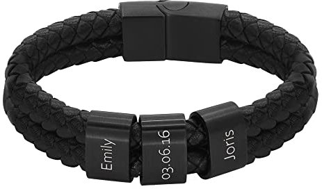 Heideman Armband Herren aus Leder schwarz matt - Lederarmband Elian mit schwarzen Gravurplättchen für Männer - Personalisiertes Geschenk