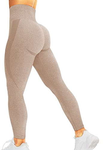 corcoar Sport Leggings Damen Hoch Taille Seamless Blickdicht Leggings Booty Lifting Po Push Up Gym Yoga Sporthose Hellbraun XS