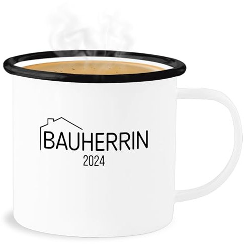 Emaille Becher Blechbecher - Deko Tasse Hobby Geschenk - Bauherrin 2025-300 ml - Weiß Schwarz - 2024 2023