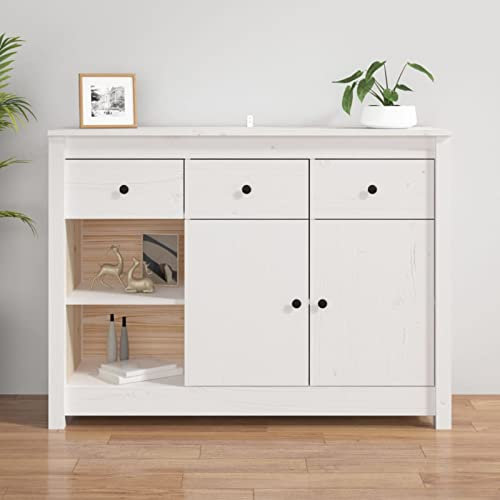Homgoday White Sideboard, 100 x 35 x 74 cm, Solid Pine Wood, Wardrobe Shelves, Indoor Cabinet, Garden Furniture, Broom Holder for Indoor Bathroom Home