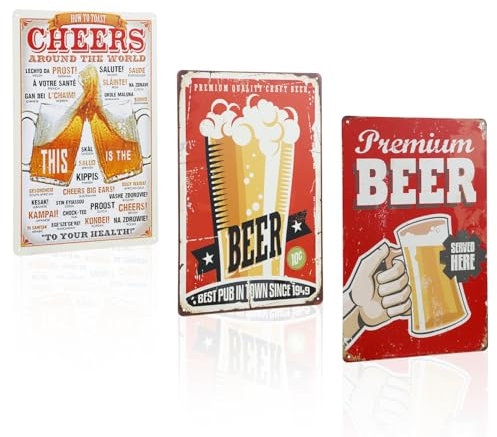 HMIEPRS 3 Pezzi Targa Vintage in Metallo, Poster Vintage Birra, Segno di Latta Della Birra D'epoca, Decorazioni Retrò Con Placca Murale per Bar Pub Cafe Casa Ristorante