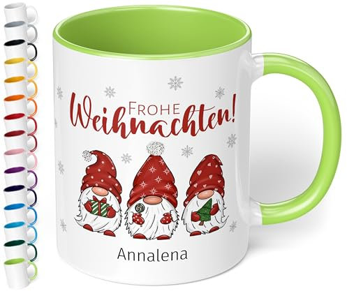 Weihnachtstasse mit Namen „Frohe Weihnachten!“ - mit 3 Wichtel-Motiv - 330ml - personalisierter Keramik Kaffeebecher mit Spruch – individuelles kleines Geschenk zu Weihnachten (Hellgrün)