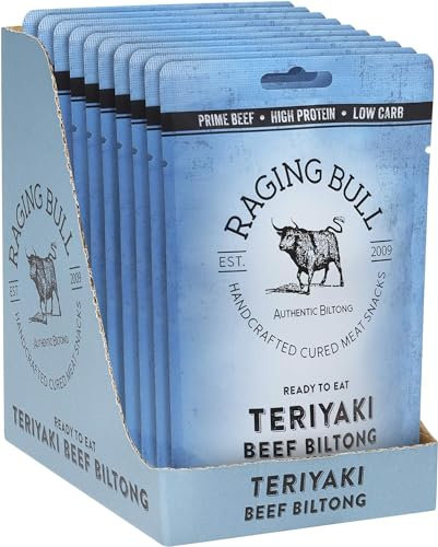 Raging Bull 280g Teriyaki Biltong Pack - 10 x 28g Pack - High Protein Snacks - Grass Fed Beef Biltong - Low Carb Keto Snacks - MSG Free Carnivore Snacks - Natural Meat Low Calorie Snacks
