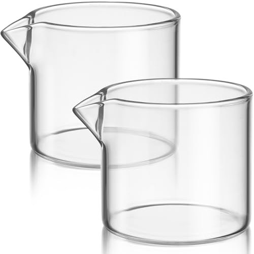 Cabilock Jarra de vidrio transparente, 2 unidades, jarra de vidrio pequeña, mini vertedor de leche, taza de café pequeña, taza de salsa de jarabe de arce
