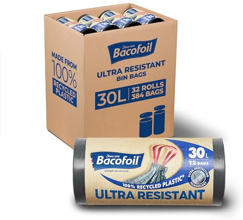 Bacofoil Ultra Resistant Bin Liners with Drawstring Handles 30L - Leak-Proof and Tear Resistant Bin Bag with Ultra Protection Technology (32 Rolls, 384 Bags)